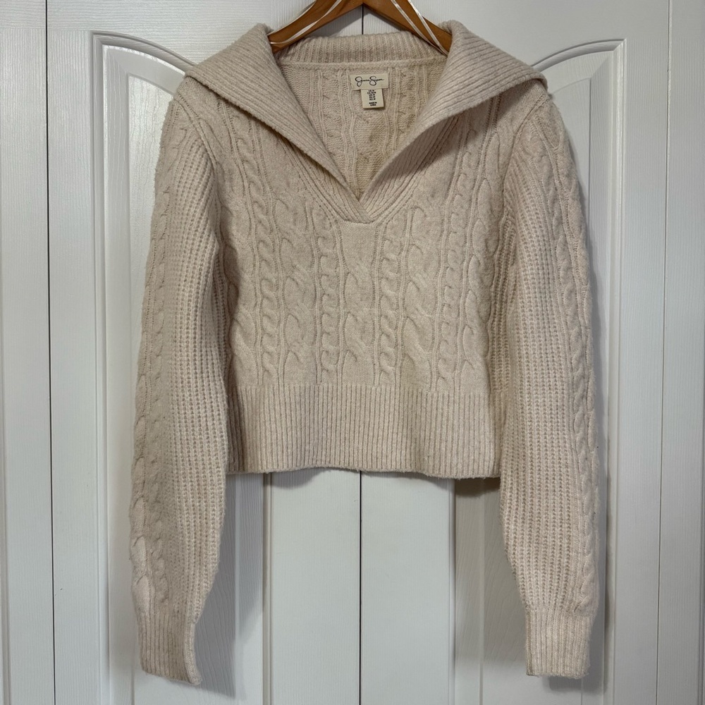 ❌SOLD❌Jessica Simpson NWOT Cable-Knit Sailor Collard Cropped Cream Sweater, M